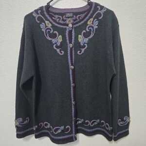 Vrikke Norwegian wool Cardigan sweater button up long sleeve green floral